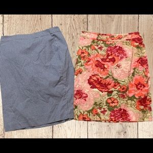 Talbots Blue Gingham/floral Pencil Skirts Lot Of 2